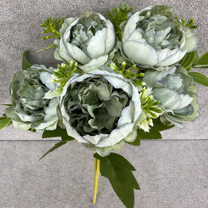 Green Silk Round Peony Bush - 5 Heads
